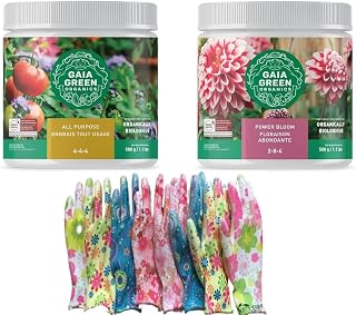 Gaia Green Organic 4-4-4 All Purpose Fertilizer 500g and Organic 2-8-4 Power Bloom 500g Set, Include One Pair of Let's Grow Gardening Gloves, Custom Prepared By Let's Grow Garden Supply (All Purpose,Power Bloom 500g)