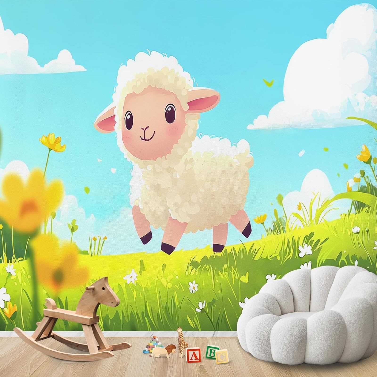 Hgjdjhnf 3D Mural Photo Wallpaper Cartoon Sheep Lamb Farm Animal Non-Woven Modern Living Room Bedroom Children's Room Wall Decoration Motif Wallpaper,200Cmx140cm Wall Sticker - Background Wall - Painting - Poster