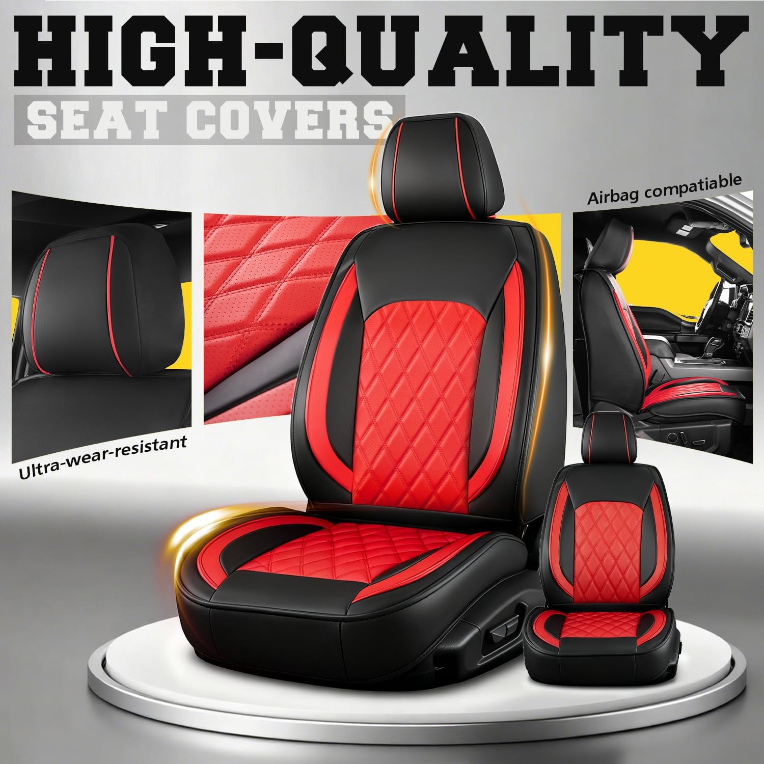 LINGVIDO Truck Seat Covers for 2009-2025 Ford F150 SuperCrew and 2017-2025 F250 F350 F450 Super Duty Crew Cab, Waterproof Faux Leather Front Seat Covers for Trucks, Black & Red
