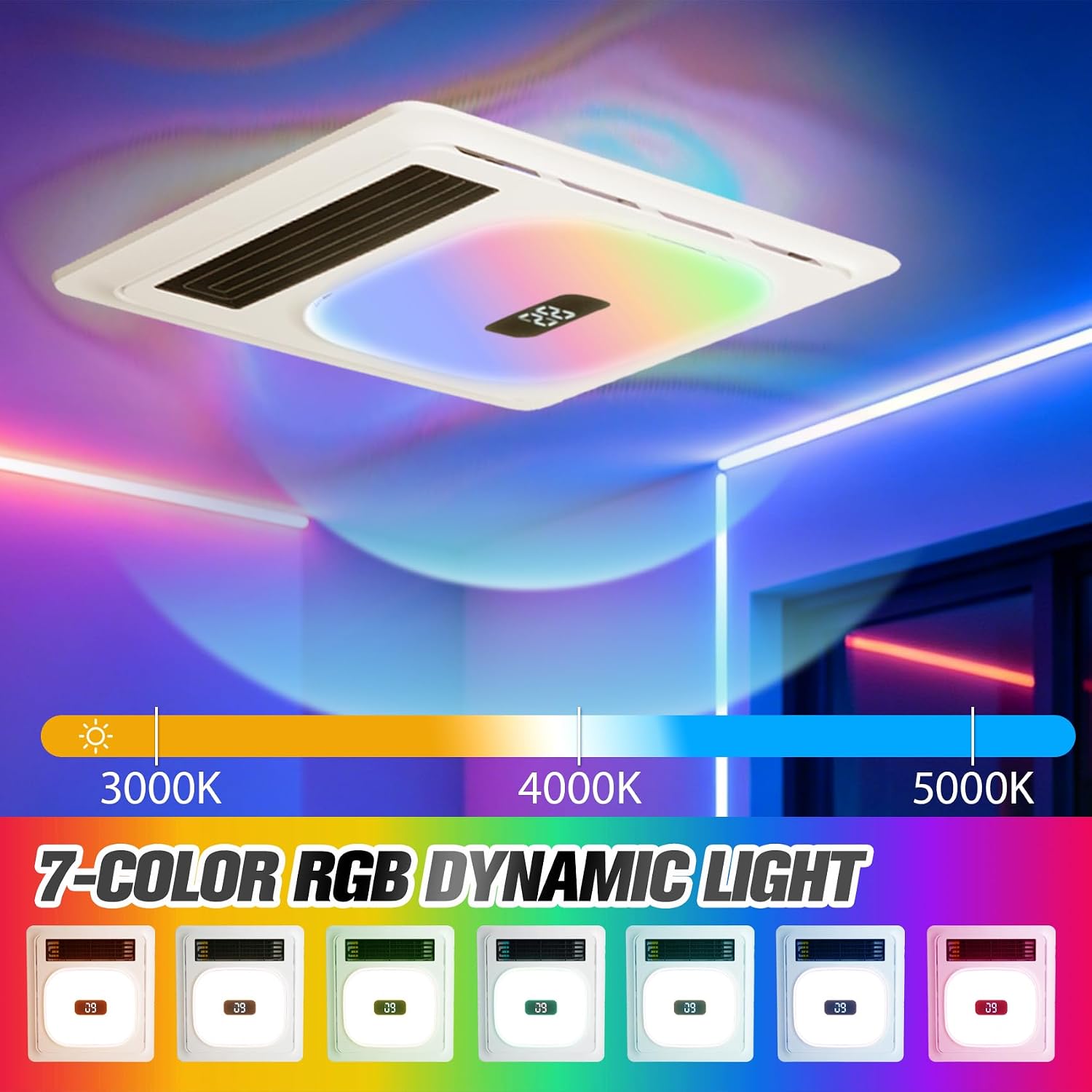Bathroom exhaust fan with heater,Bathroom exhaust fan with light&Audio 7in1 | Exhaust fan,1800W Dual-Heat,230 CFM,1.0 Sones,5 Color RGB Light+3CCT Light,Negative Ion,Plug&play,Bathroom Exhaust fan light