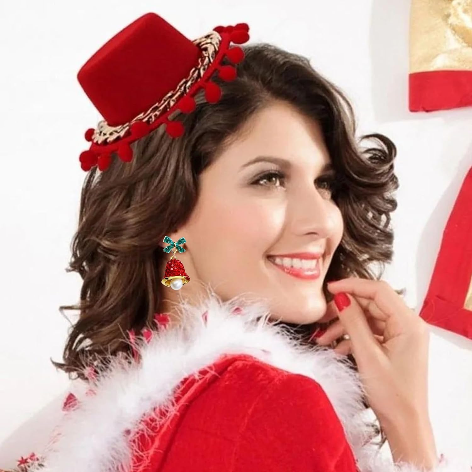 Christmas Bell Earrings for Women Green Christmas Bow Earrings Red Rhinestone Bell Christmas Hat Earrings Christmas Bell Pearl Earrings Christmas Gifts Stocking Stuffers for Her - Image 3
