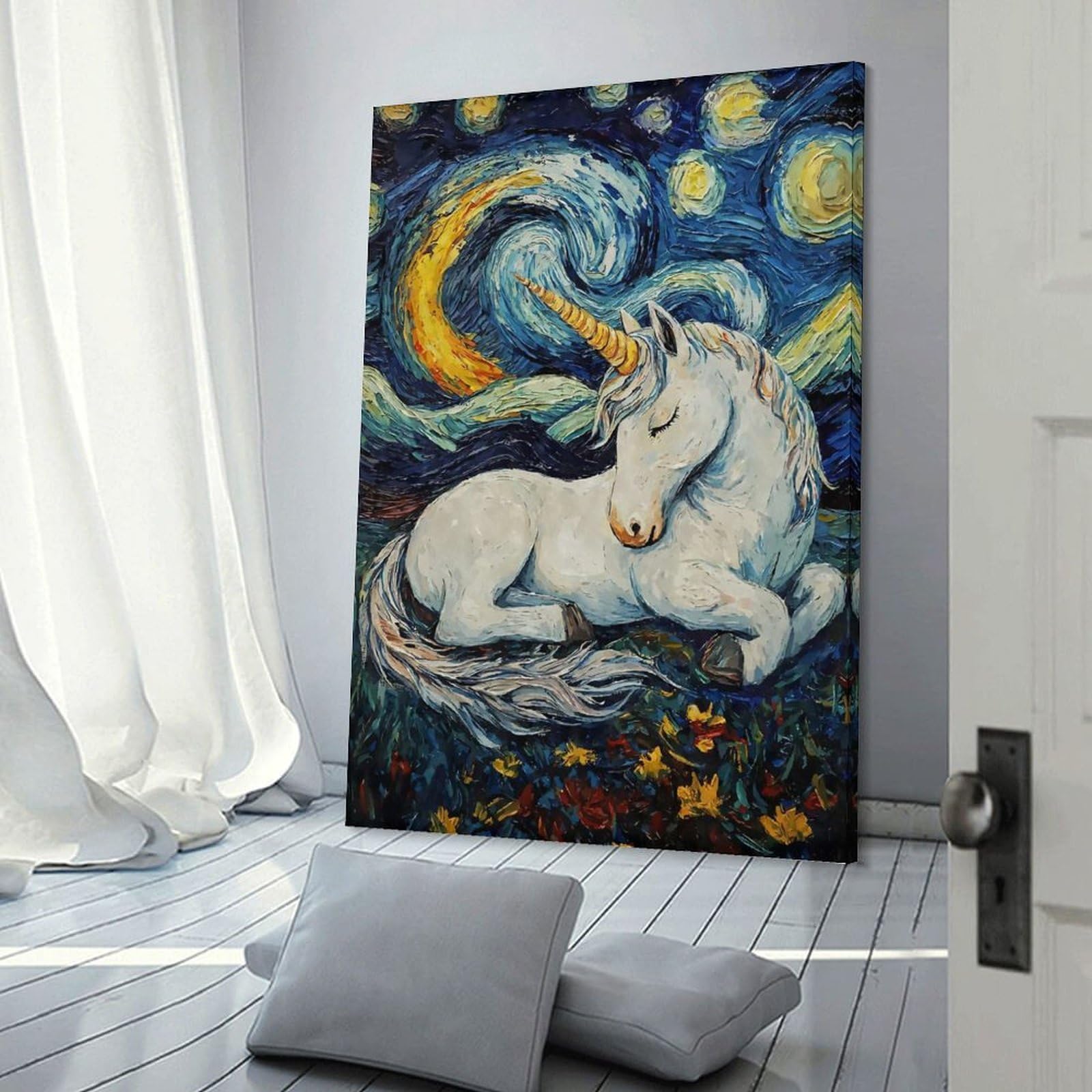 Junmoney Frame-Style-9 Unicorn Sleeping Starry Night Room Decor Wall Art, 24X36inch(60X90cm), For Living Room, Bedroom, Office Or Hallway, Decorative Artwork With Broad Appeal