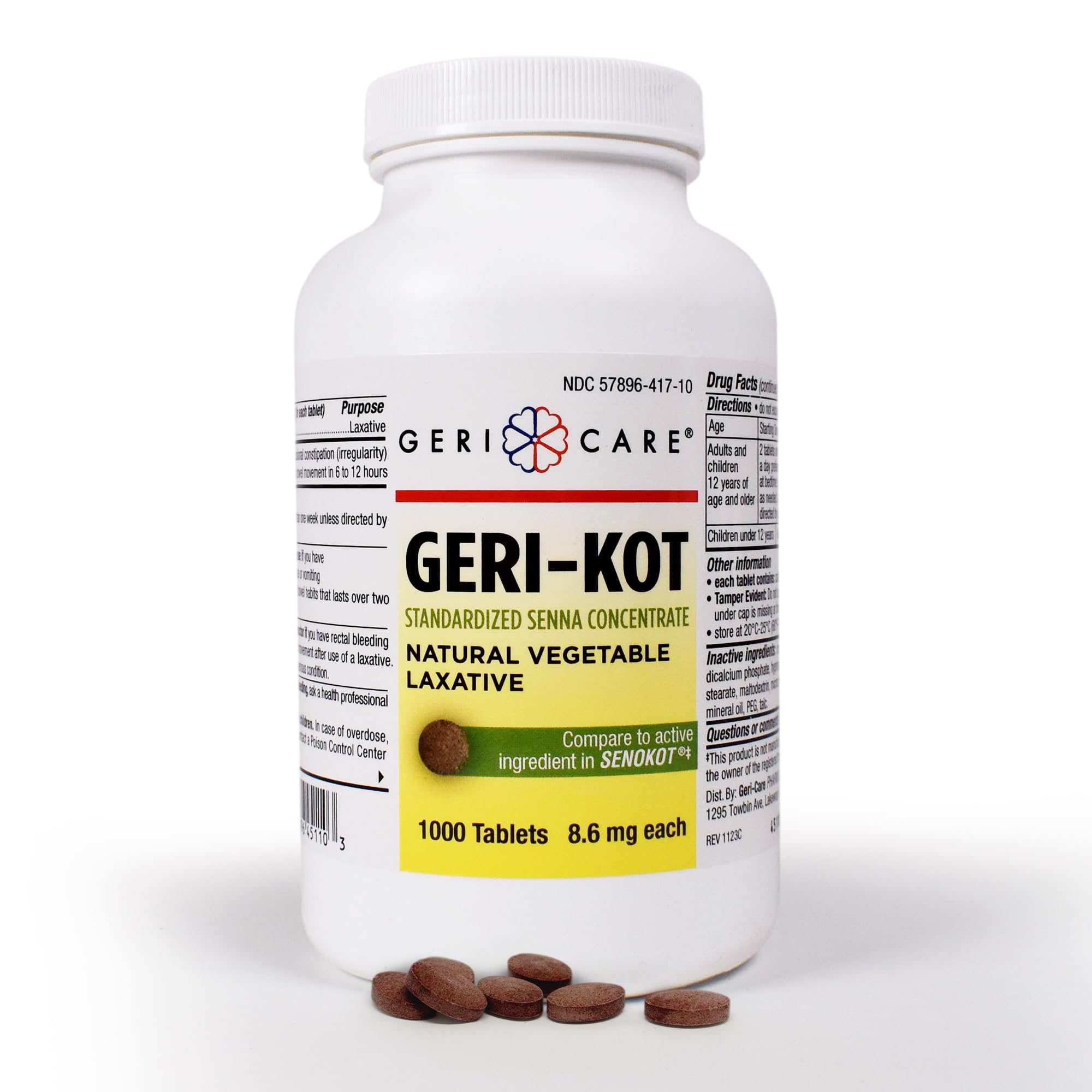 Geri-KOT Senna Laxative & Stool Softener Tablets, 1000ct| Natural Vegetable Stimulant Laxative| Smooth Bowel Movement Senna Tablets| Fast-Acting, Gentle Constipation Relief| 8.6mg Sennosides