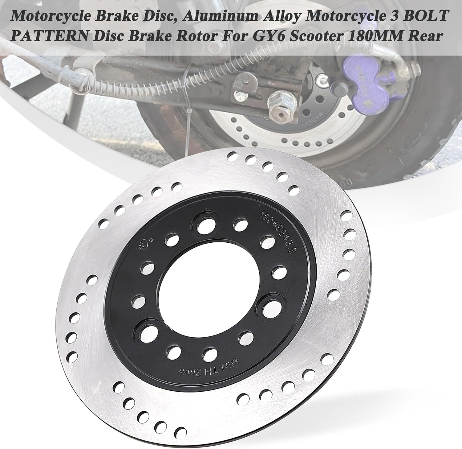 Minho 180mm Rear Brake Disc Rotor with 3 Bolt Pattern in Aluminum Alloy Fit for Chinese GY6 50cc Scooter Mopeds TaoTao Pony ATM50,Roketa MC-08 Boom,Baja SunCity,Jonway YY50QT-6,Wangye sunny