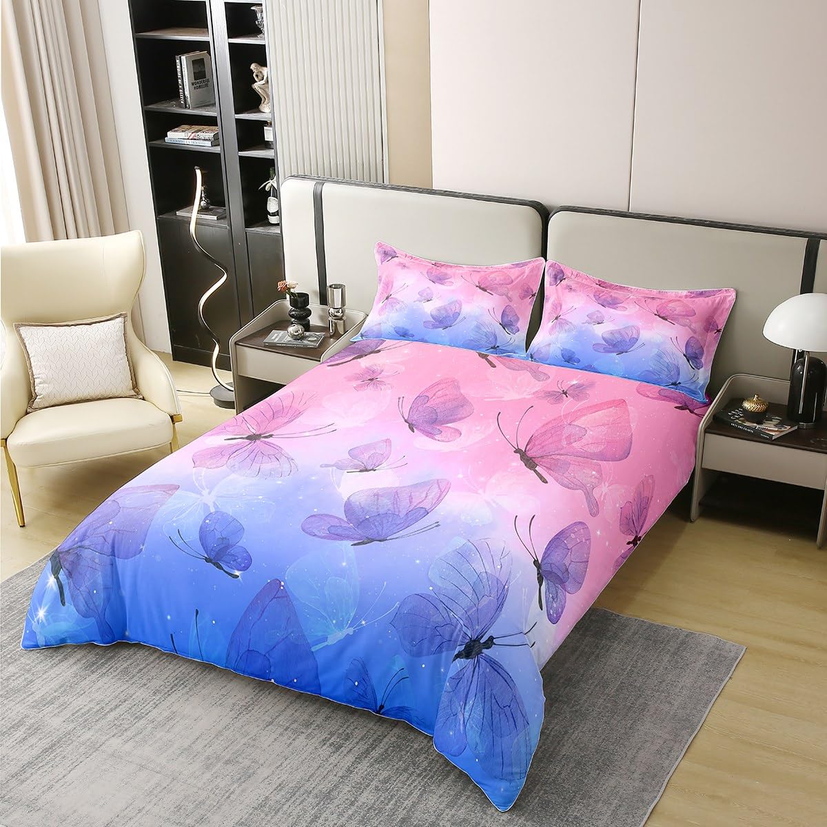 Set di biancheria da letto per bambine con copripiumino e 2 federe, 100% cotone, con stampa di farfalle, colore blu e viola