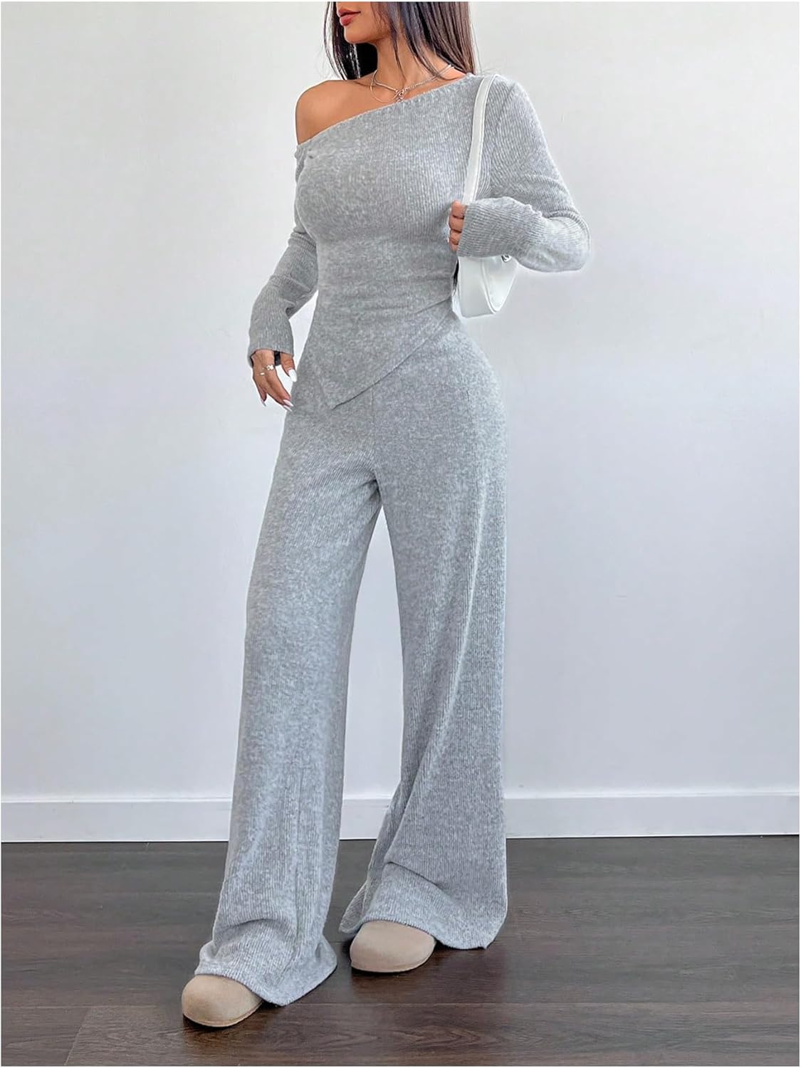Milumia Women's 2 Piece Outfit Off Shoulder Long Sleeve Asymmetrical Knit Top Pants Sets - Image 2