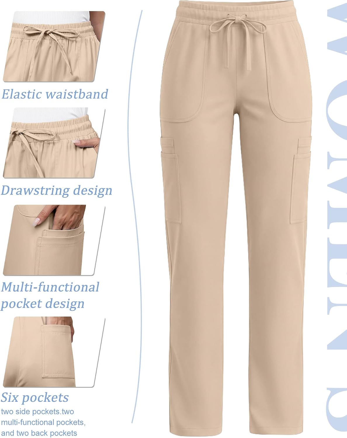 Women's Scrub Pants Straight Leg Workwear Elastic Waist Cargo Bottoms with Side Pockets and Drawstring