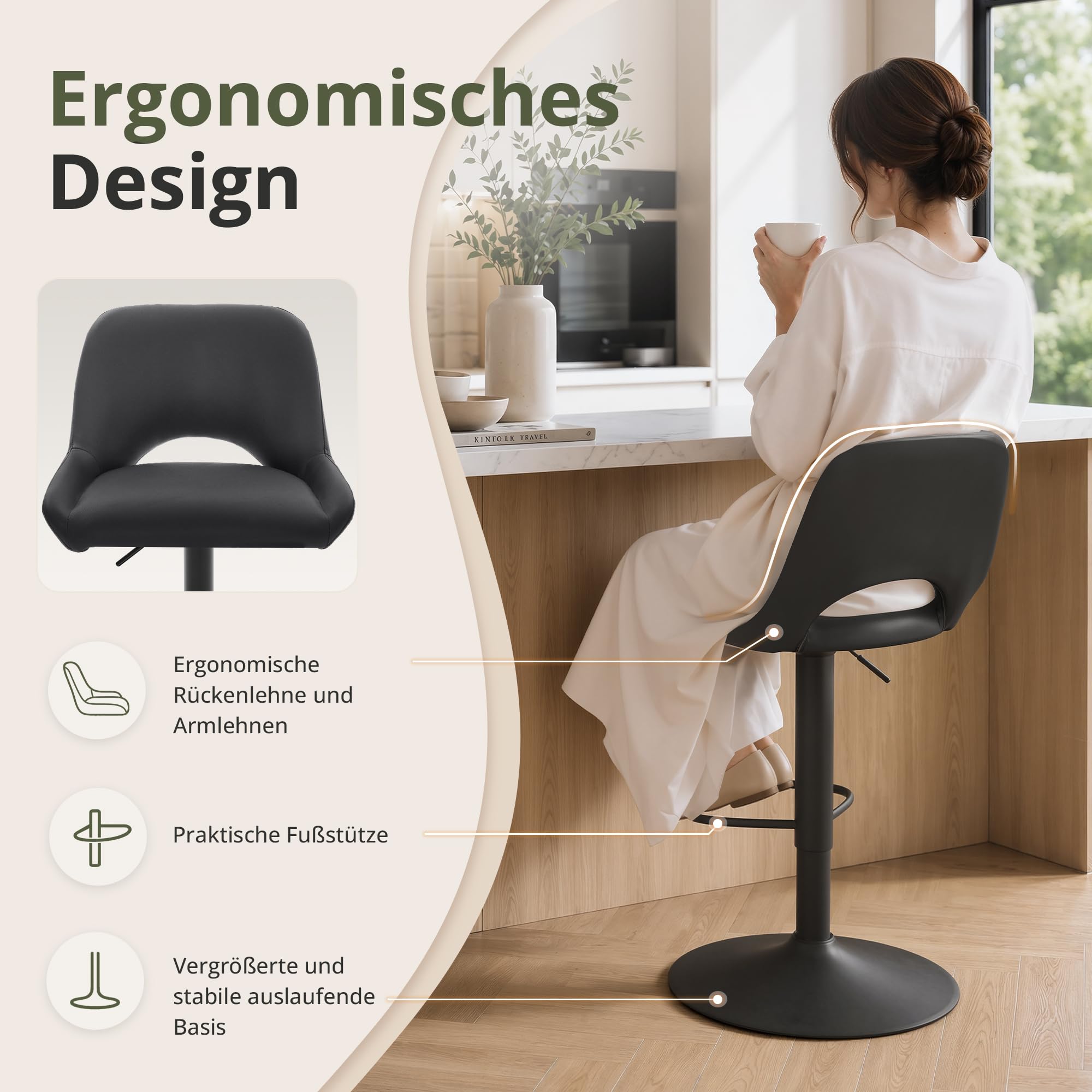 LUE BONA Barhocker 2er Set, Barstuhl Höhenverstellbar Drehstuhl, Bar Stool mit Durchbrochene Rückenlehne, Hohe Barhocker für Küche, Bar, Wohnzimmer, Schwarz