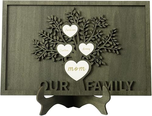 Vista 22 de Árbol genealógico con etiqueta de corazón, placas de madera grabadas personalizadas, regalos personalizados para madres, padres, escritorio, nombres