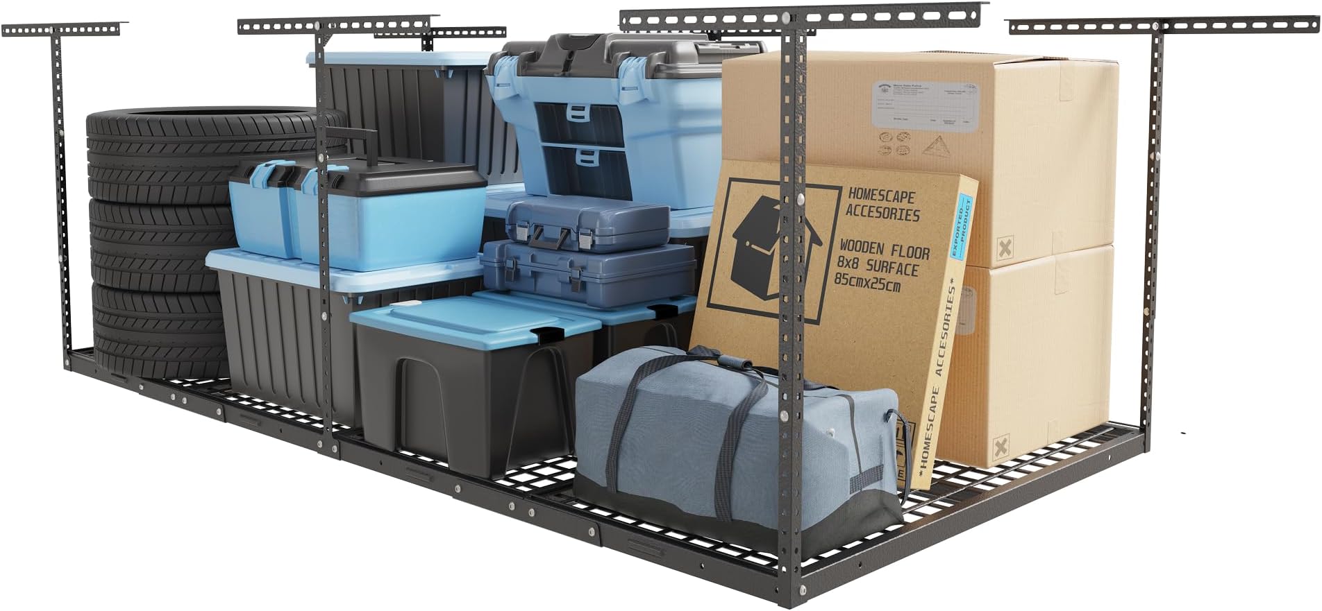 FLEXIMOUNTS 4x8 Overhead Garage Storage Rack, Adjustable Organization System, Heavy-Duty Metal Ceiling Racks, 750lbs Weight Capacity, Hammertone, Classic Series