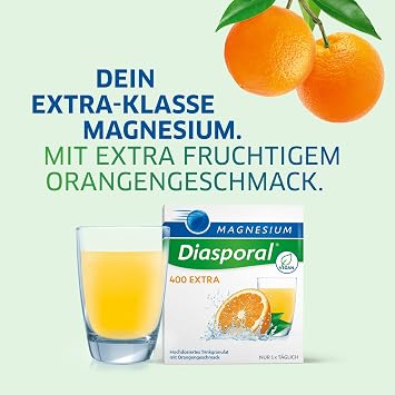 Magnesium-Diasporal 400 EXTRA Trinkgranulat Magnesium Sticks Hochdosiertes Magnesiumcitrat Extra fruchtiger Orangengeschmack Bei erhöhtem Bedarf Vegan zucker- und glutenfrei 20 Sticks