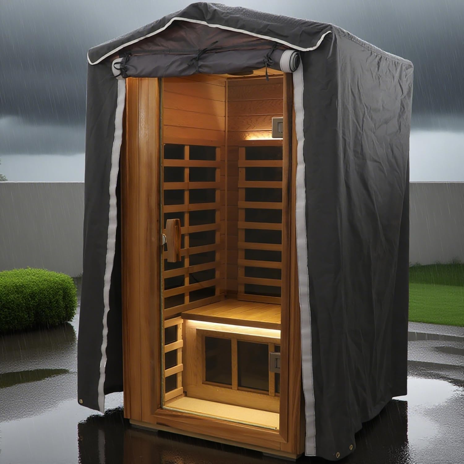 Protective Cover for 1-Person Outdoor Sauna - 3-Layer Oxford Cloth, Hook & Loop Roll-Up Door, Temp Retention & Dustproof - (Only Fits 45.7*39.4*79.5 In & Smaller Outdoor Hillside Roof Saunas )