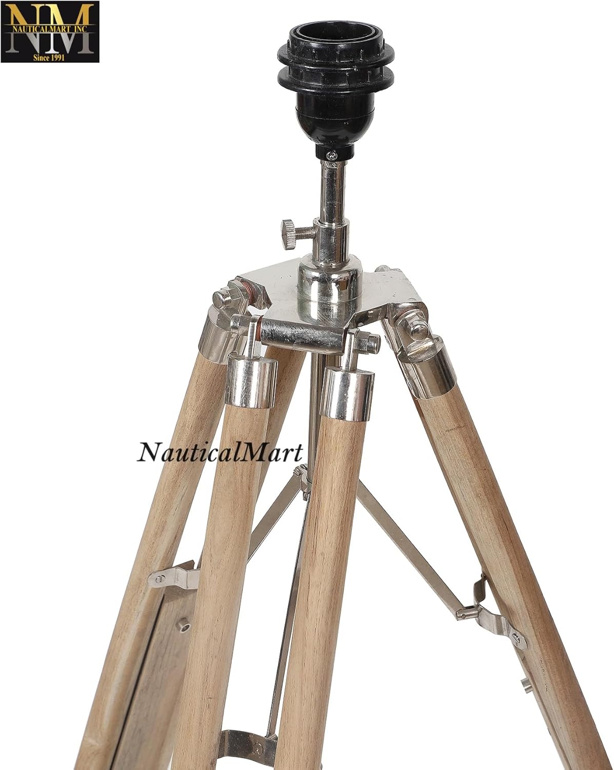 NauticalMart Timber Tripod Floor Lamp Stand Teak Wood- Home Decor (Shade not Included)