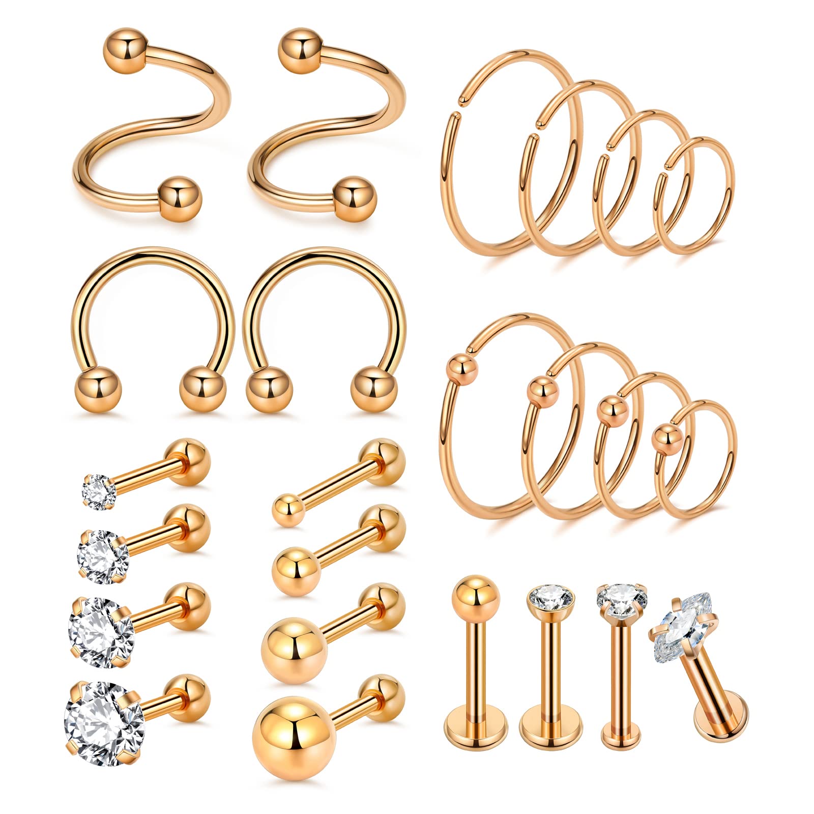 MIFANS Face Cartilage Stud Earrings Helix Conch Tragus Daith Ear Piercing Studs Jewelry 16G 20G 316L Surgical Stainless Steel Small Hoop Earrings for Women and Men, 16 20 Gauge Silver and Rose Gold