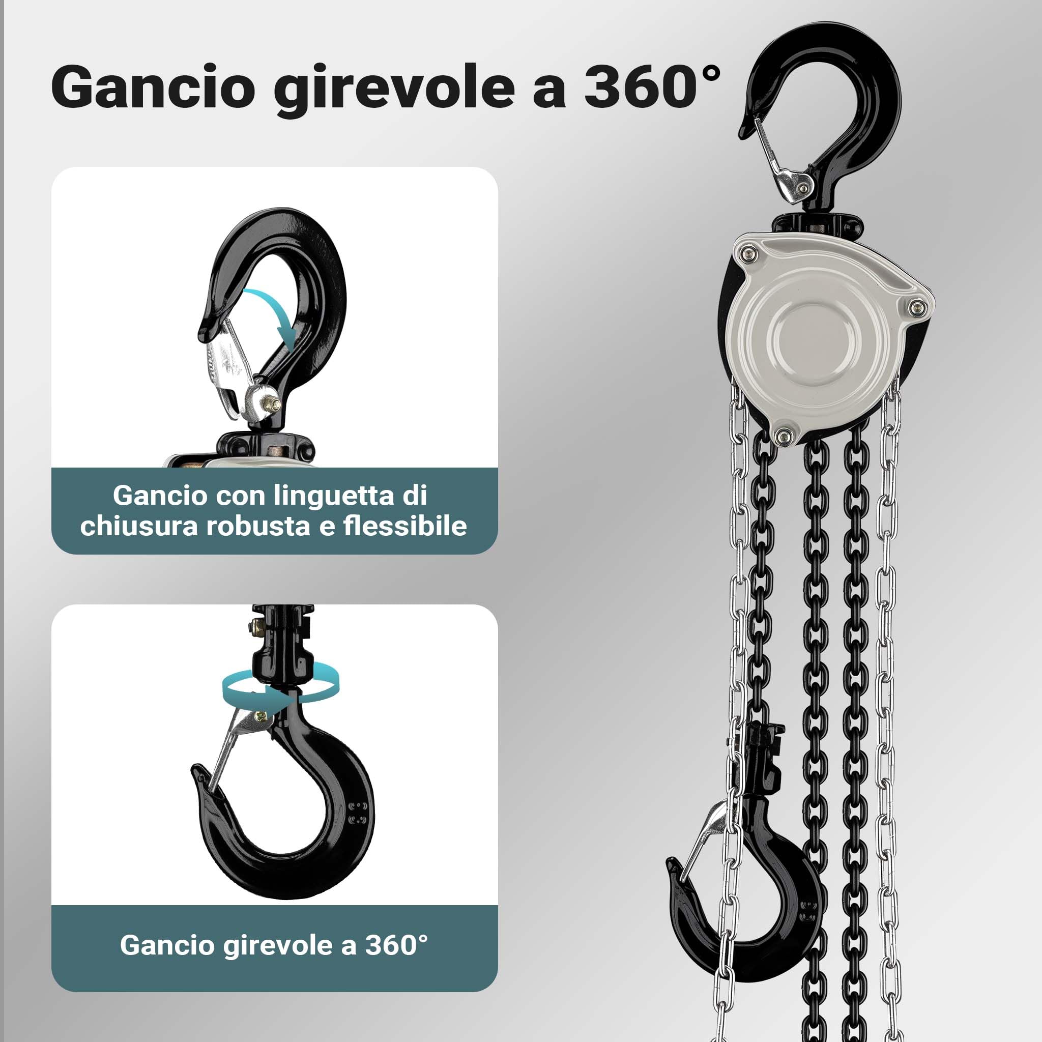 Wiltec Paranco a catena manuale V21-0,25, capacità di carico 250 kg, altezza di sollevamento 3 m, leggero e compatto, per impieghi gravosi