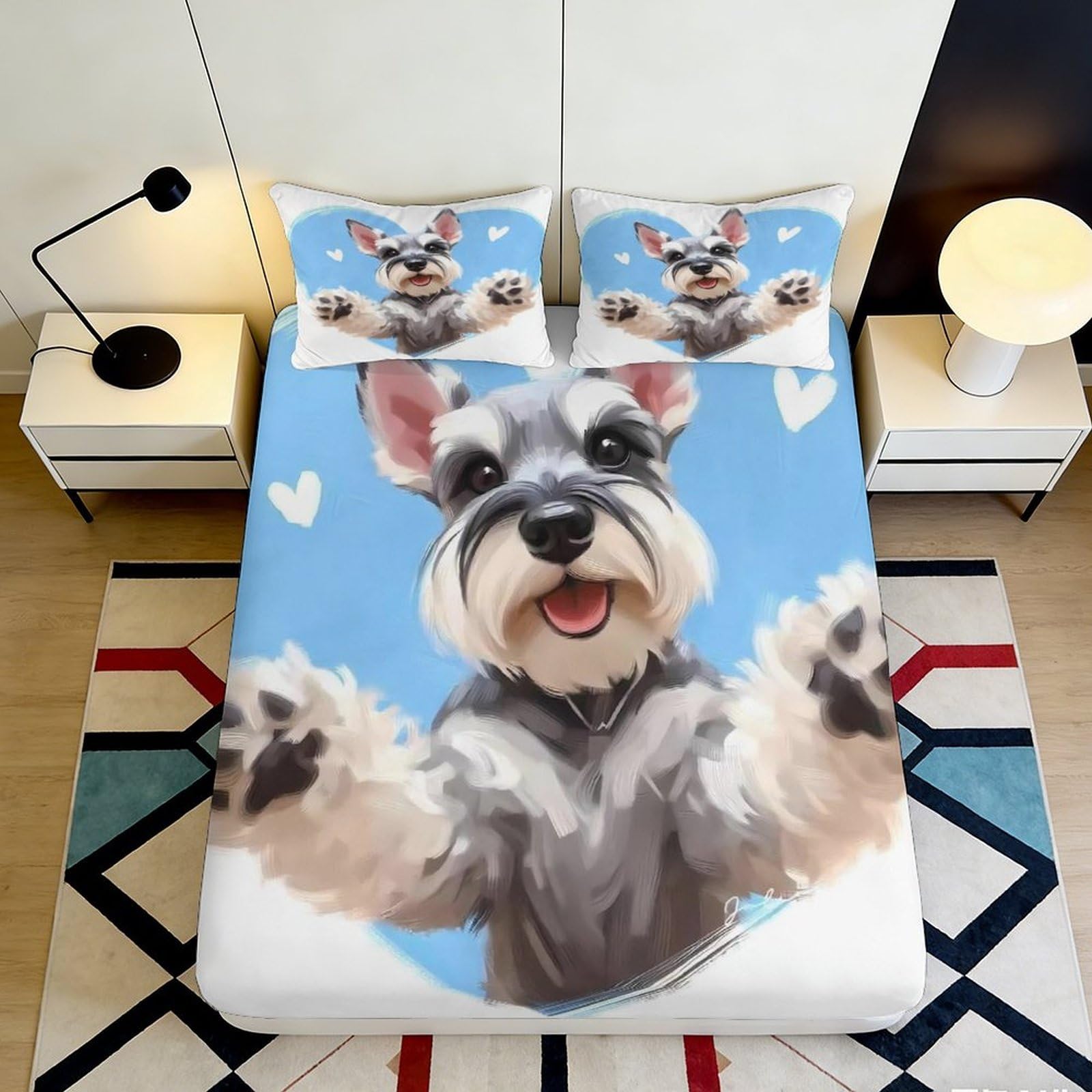 3D Printed Schnauzer Dog Fitted Sheet Microfiber Blue Cartoon Heart Mattress Cover for Bedroom Guest Dorm Decor 90x200x25cm