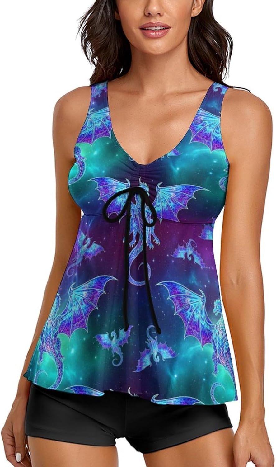 Adjustable Drawstring Tankini Swimsuits with Shorts, Women's Two Piece Quick Dry Comfy Bathing Suits