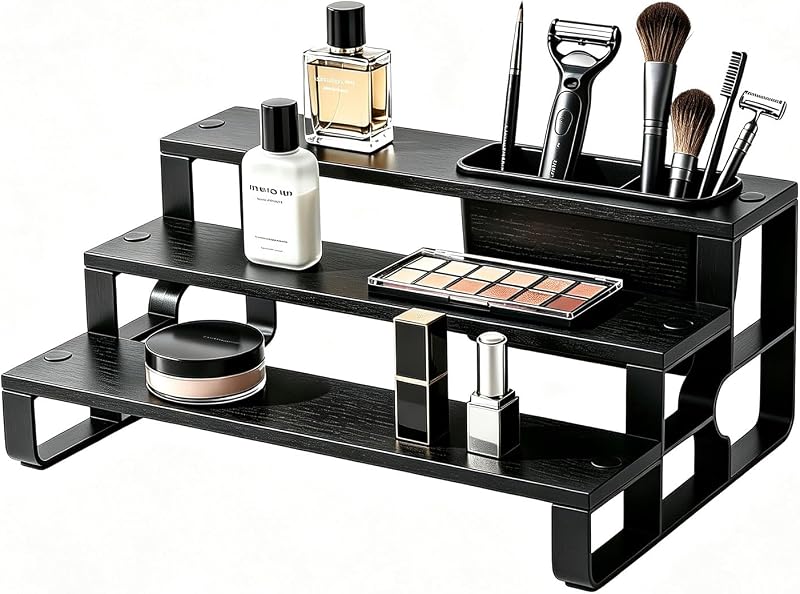 Organizador de perfumes GRELY em madeira com 3 níveis, preto, para banheiro e penteadeira