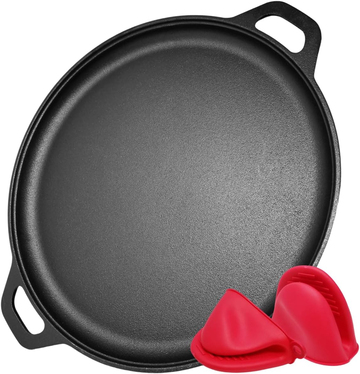 16 Inch Round Cast Pre-Seasoned Iron Pizza Pan with Silicone Handles for Grill or Oven