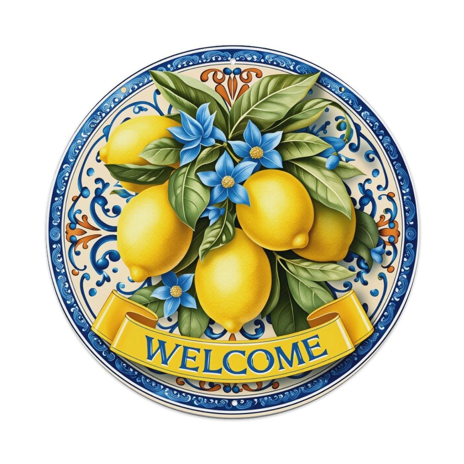Lemon Blue Flower Welcome Plate Round Tin Sign Vintage Metal Poster, Home Bar Garage Man Cave Cafe Indoor & Outdoor Wall Decoration 8x8Inches