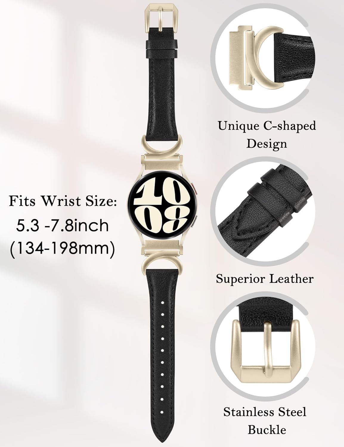 Minyee Leather Band Compatible with Samsung Galaxy Watch 7/6/5/4/FE/Active 2 40mm 44mm/Watch 6 Classic 43mm 47mm/Watch 5 Pro 45mm Bands, 20mm Slim Dressy Leather Strap with C-Shape Metal Buckle Women - Image 3