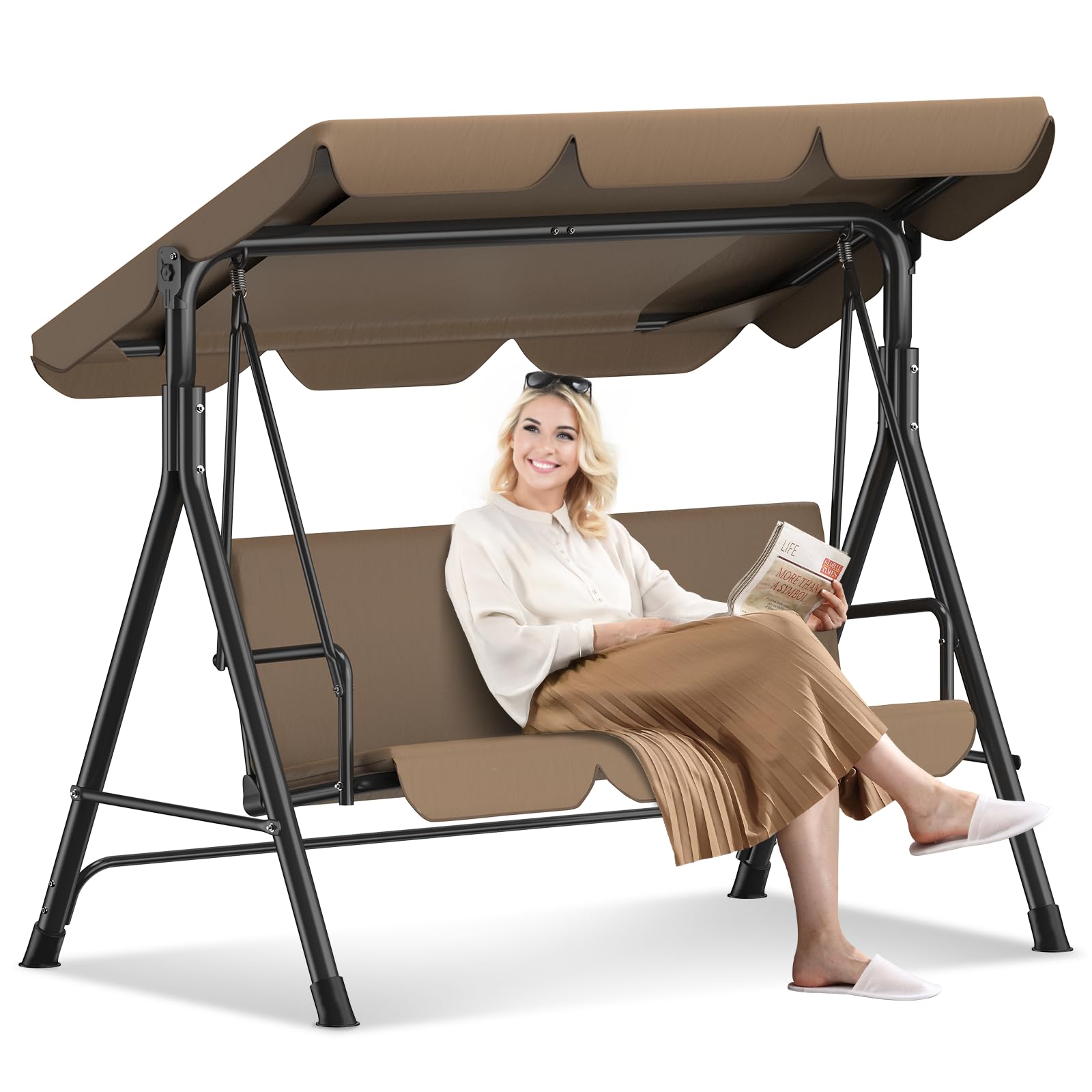 Dondolo da giardino a 3 posti, tettuccio parasole regolabile, imbottitura, acciaio, 175x110x152 cm, per giardino e terrazza, portata 200 kg, marrone