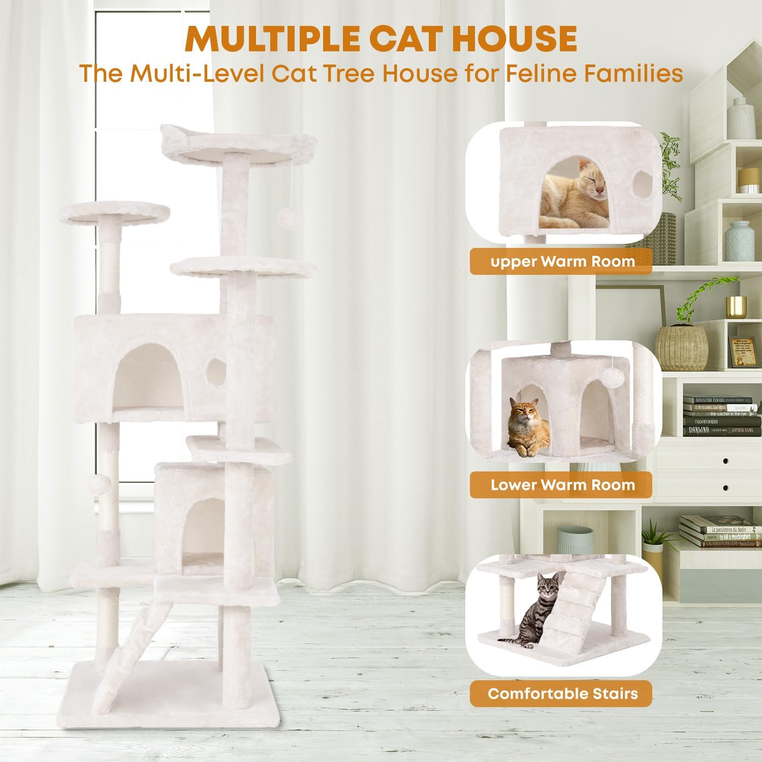 review 54inCat Tree Tower for Indoor Cats, Cat Tower with Cat Scratching Post, Multi-Level Cat Furniture, Cat Tower with Funny Toys for Kittens-Beige