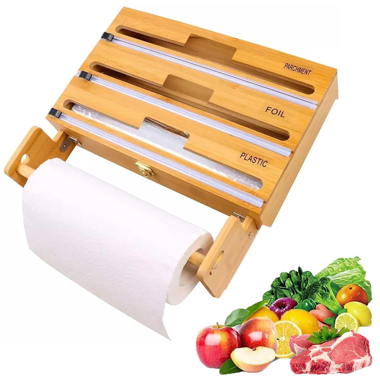 Distributeur de Nourriture et de Plastique/Film avec Cutter, Distributeur de Papier d'aluminium Mural 4 en 1, Distributeur de Film Alimentaire 100% Bambou, Outil de Cuisine (3 emplacements)