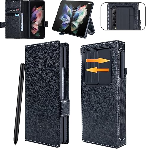 Funda para Samsung Galaxy Z Fold 4 con soporte para bolígrafo S, billetera de cuero genuino multifuncional, cubierta de cámara deslizante, soporte,