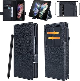 for Samsung Galaxy Z Fold 4 Case with S Pen Holder, Multifunction Genuine Leather Wallet, Slide Camera Cover, Kickstand, S Pen Slot, Protection Phone Case for Galaxy Z Fold4 5g 2022 - Black