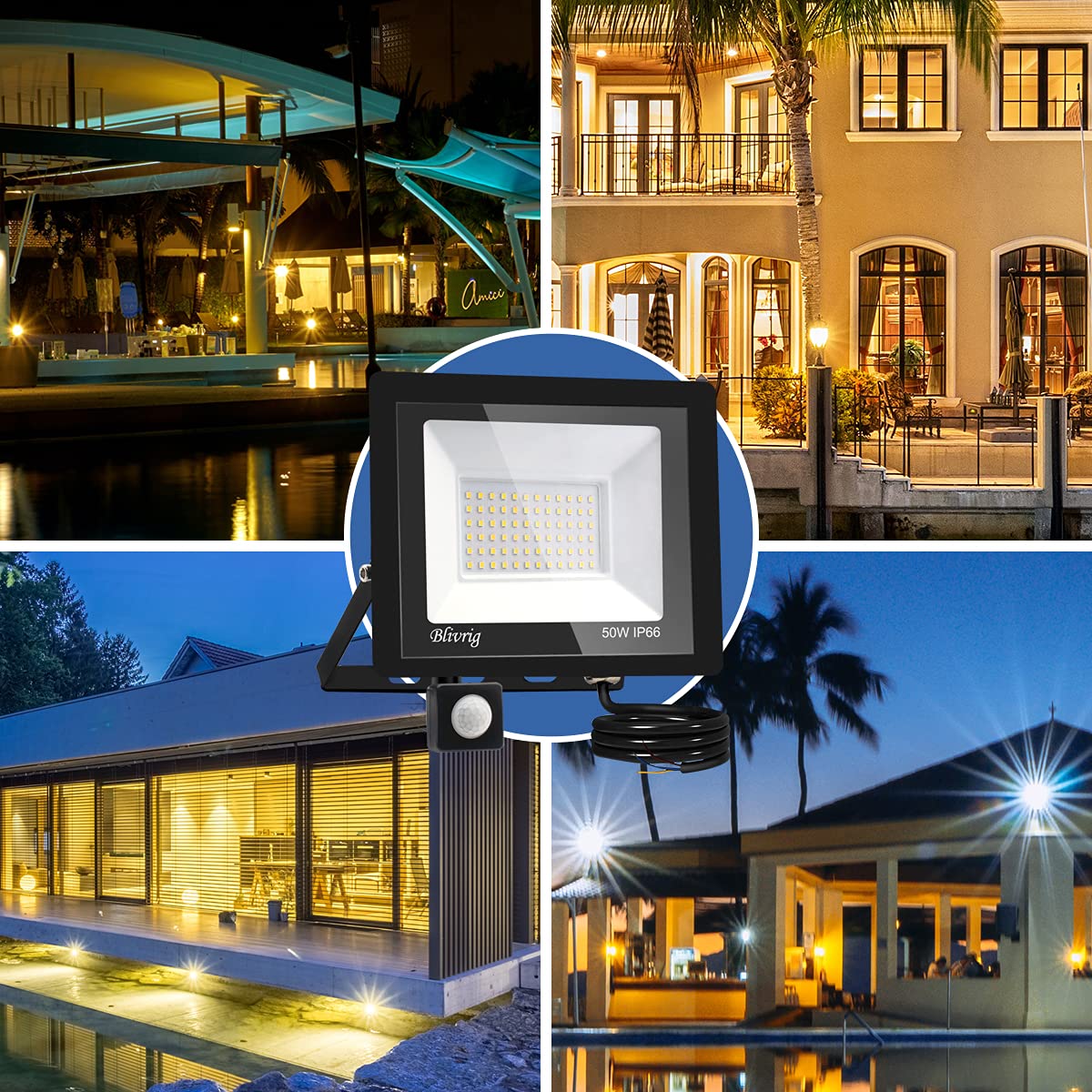Focos LED Exterior con Sensor de Movimiento 50W, 4 Piezas | Blanco Cálido 3000K, 5000LM Súper Brillante, IP66 Impermeable, Ángulo de haz 120°, para Garaje, Jardín, Patio, Terraza
