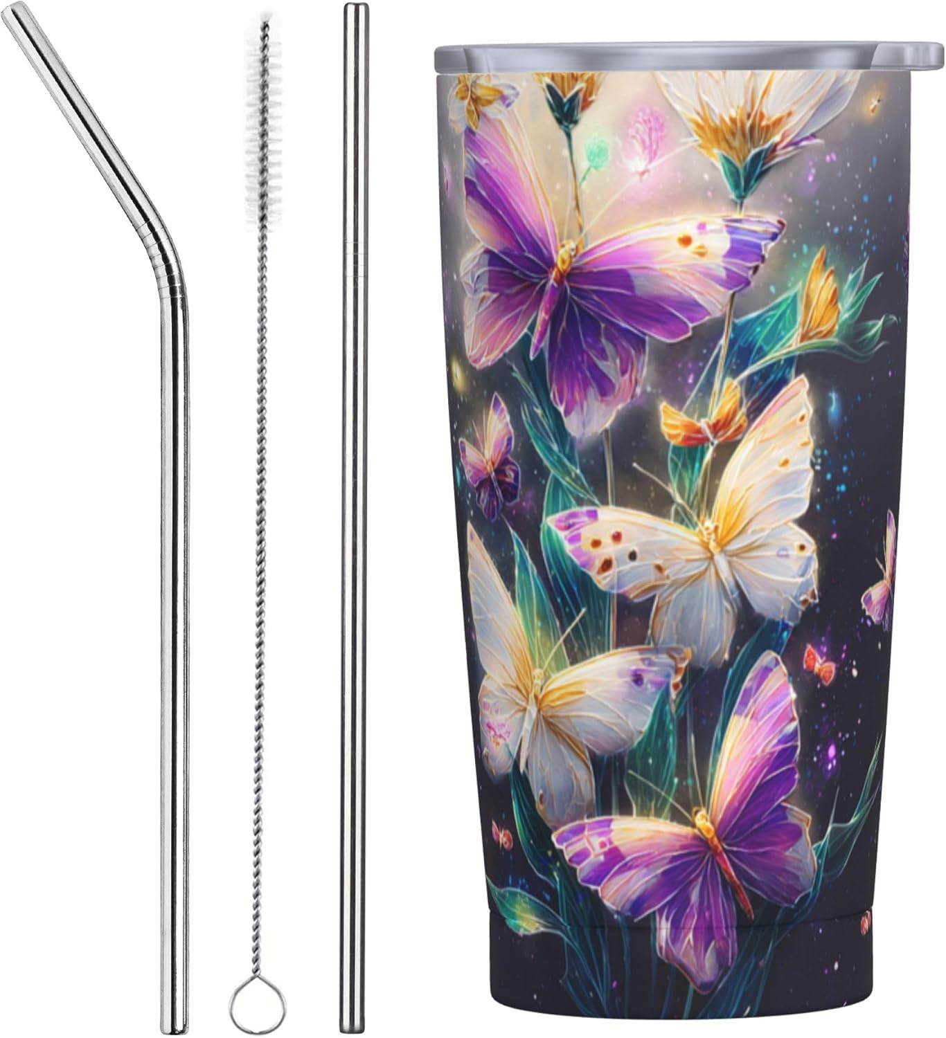 Yrebyou Butterfly Tumbler 20oz with Lid and Straw Stainless Steel Insulated Coffee Mug Leak-Proof Travel Cup for Water Iced Tea or Coffee