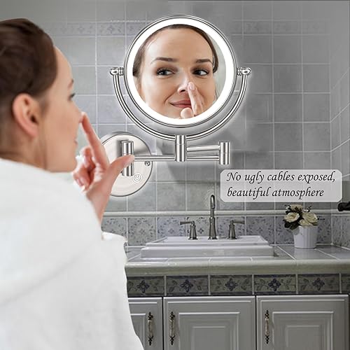 Miniatura 2 de Espejo de maquillaje iluminado de latón prémium de 8 pulgadas con aumento, 1X5X de doble cara para baño, espejos de pared con brazo oscilante,