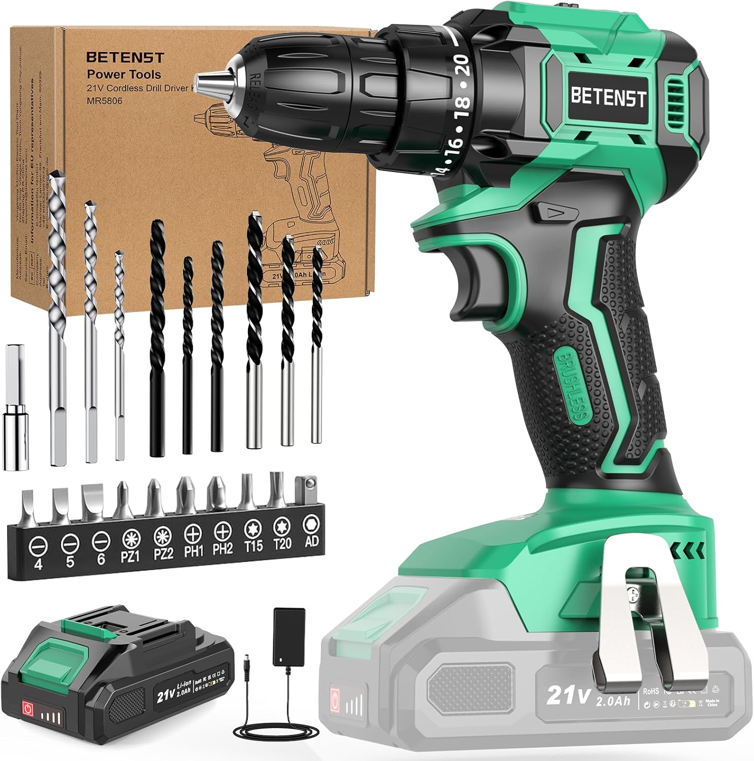 Trapano Avvitatore Batteria Brushless, BETENST Avvitatore a Batteria 21V con Batterie 2.0Ah, 45N.m Avvitatore Elettrico, 20 Coppia, 10mm Mandrino, 20 Accessori Per Casa Progetto, Fai da te, Verde - Amazon product rated Grade A