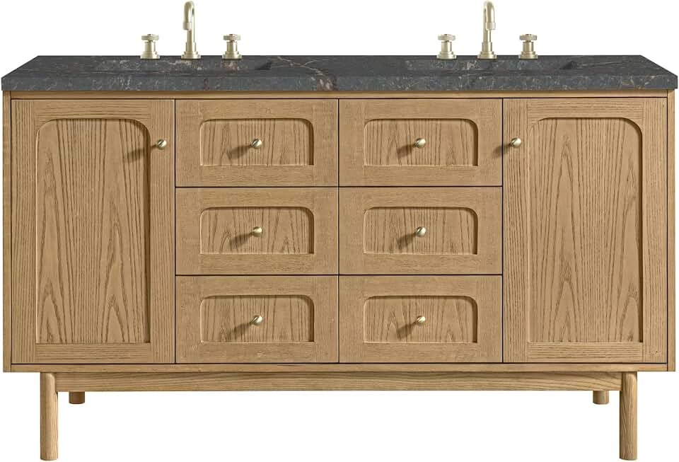 James Martin Vanities 545-V60D-3PBL Laurent 60" Double Basin Poplar Wood Vanity Set with Stone Composite Top, Rectangular Sinks, USB Port(s), and Electrical Outlet(s) - Light Natural Oak