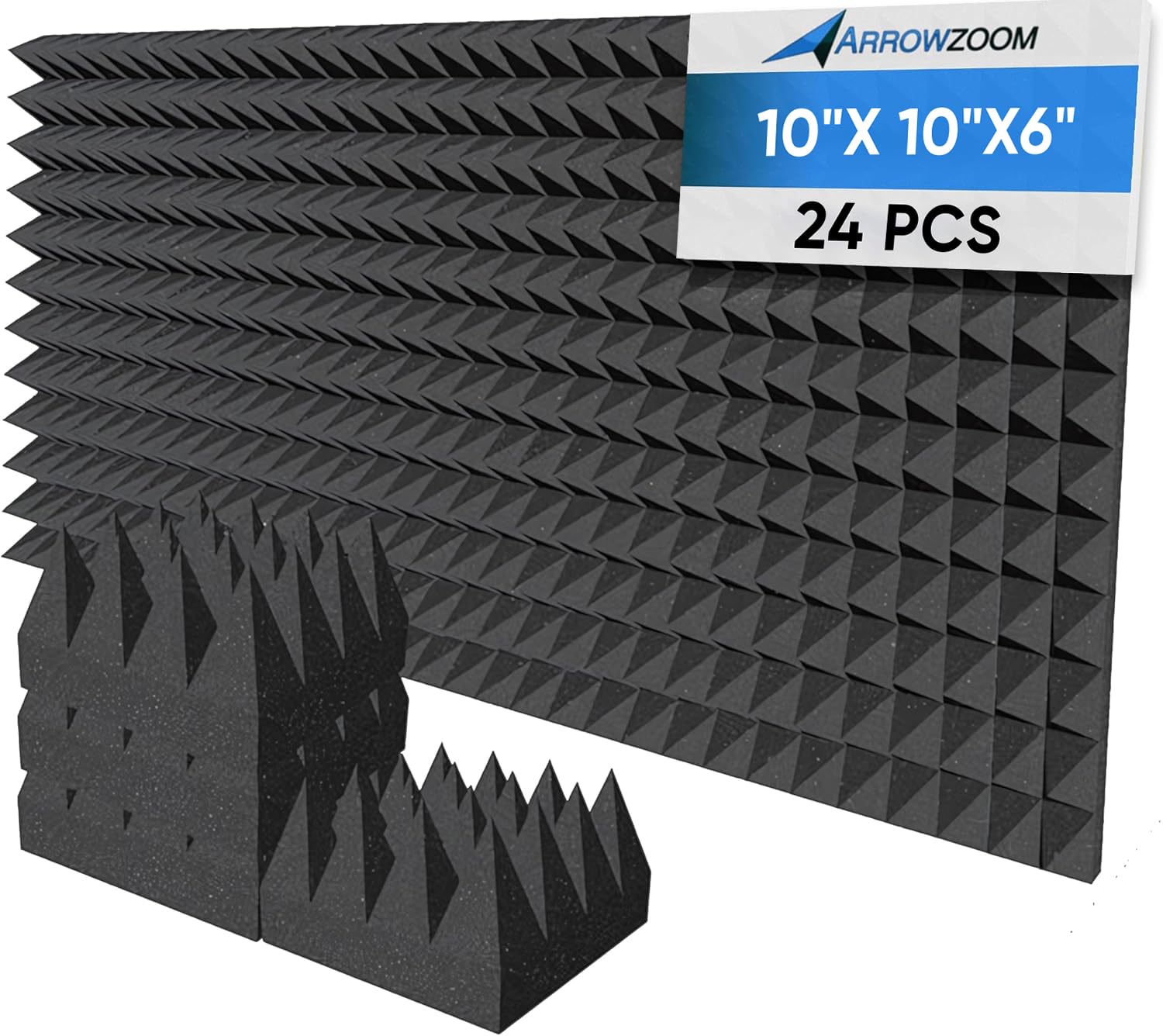 Arrowzoom 24 Pannelli Fonoassorbenti Schiuma 25x25x15cm Nero KK1471 | Schiuma acustica ad alta densita per riduzione eco, assorbimento sonoro, studio, gaming e home office