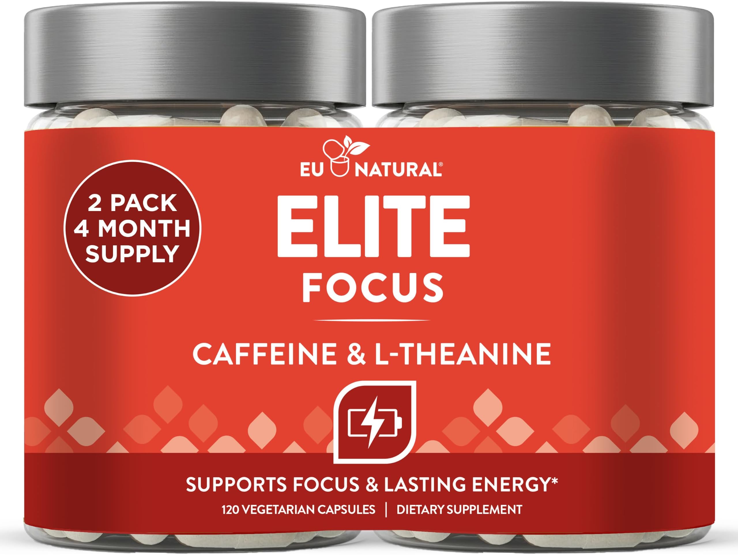 Eu Natural Elite Caffeine Pills with L-Theanine - 100mg Caffeine + 200mg L-Theanine - Jitter-Free Focused Energy & Clean Nootropic Stack - 240 Soft Capsules