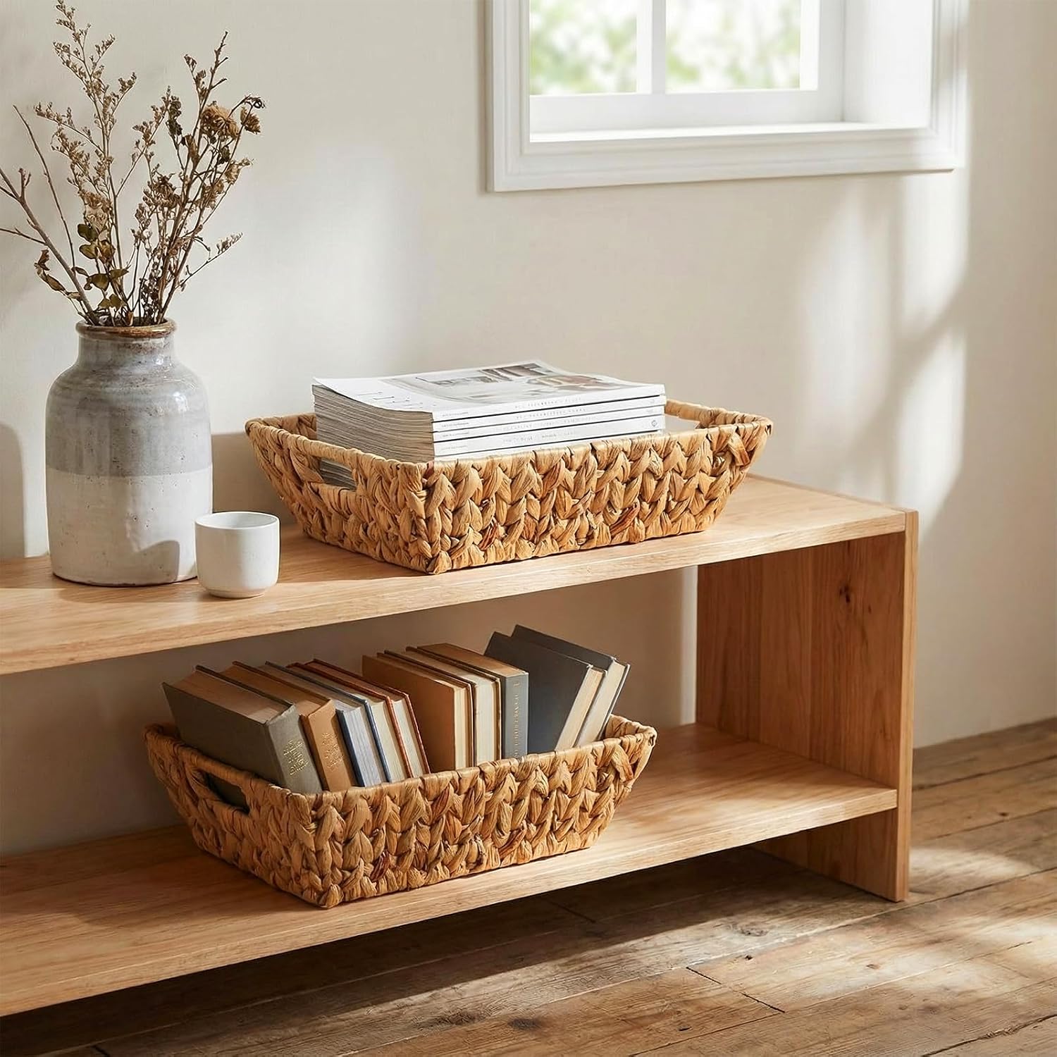 Novabright 4 Pcs 14"L x 10''w x 4.7''h Water Hyacinth Storage Baskets with Handles Large Wicker Woven Pantry Gift Baskets for Organizing Countertop