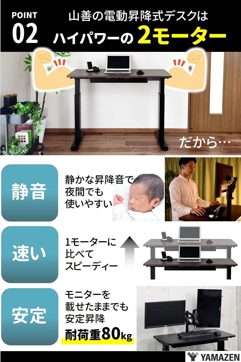 Amazon.co.jp: 山善(YAMAZEN) 昇降デスク 電動 一枚板 昇降式