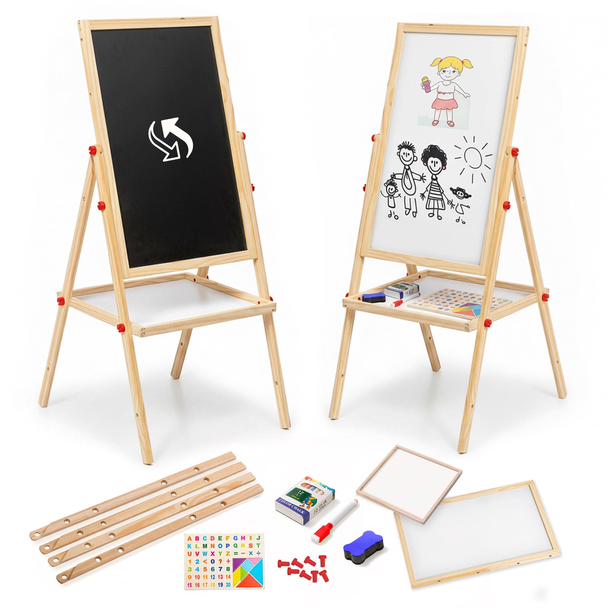 FB FunkyBuys 100cm Kids Easel Double Sided with Magnetic Whiteboard & Chalk Board for Kids, 54pc Magnetic Letters and Numbers for Children, Coloured Chalk, Dry Erase Marker & Whiteboard Eraser Sponge