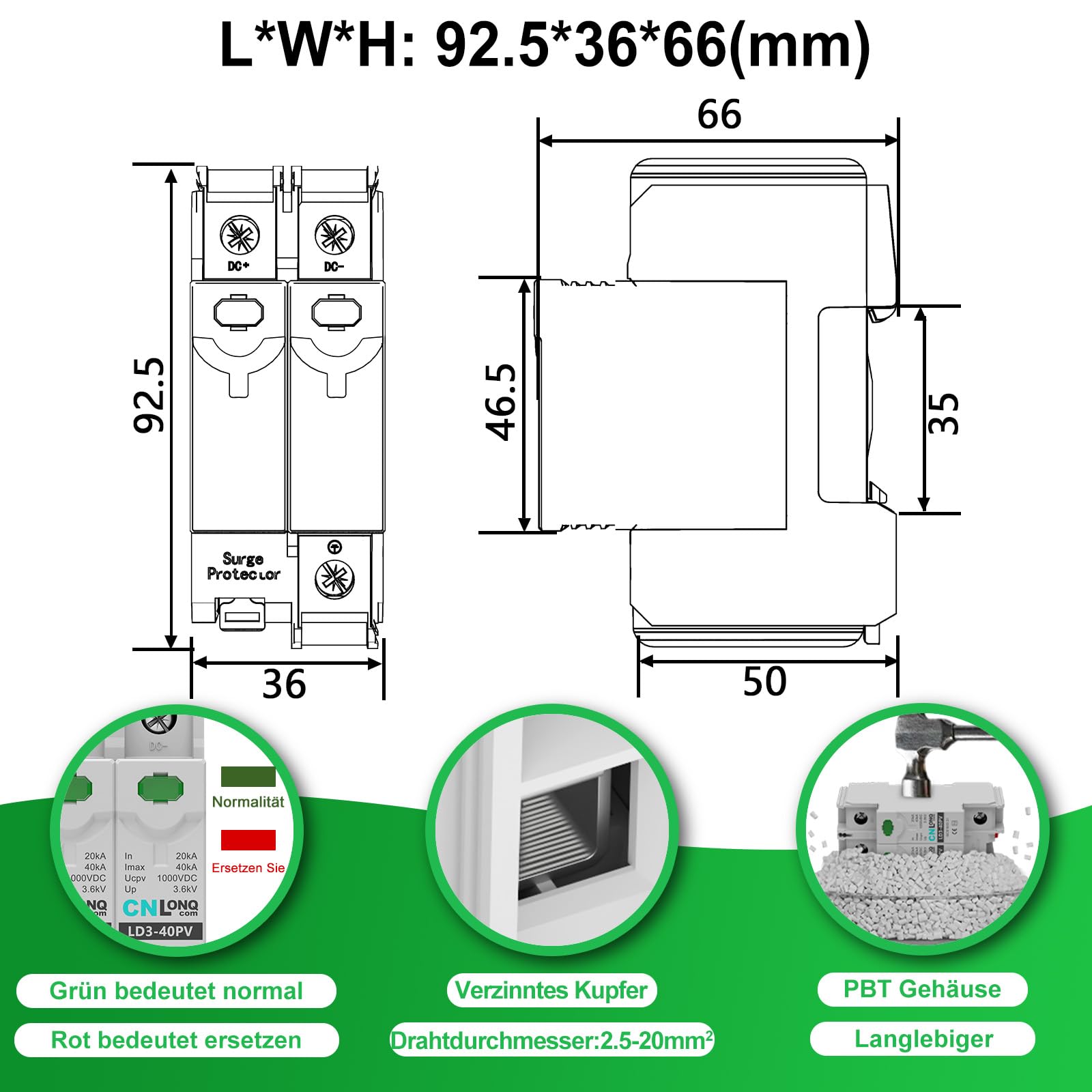 CNLONQ 2 Stück DC Überspannungsschutz PV Anlage DC1000V 2P 20kA/40kA 2P T2 Überspannungsableiter Blitzschutz Für Solar-Photovoltaik 35mm DIN-Schienenmontage
