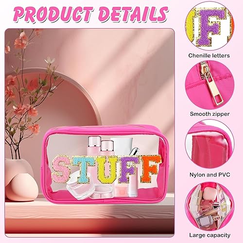 Miniatura 3 de Juego de 2 bolsas de maquillaje transparentes y preppy, grandes, pequeñas, de viaje, con letras de chenilla, bolsa de cosméticos de nailon y PVC,