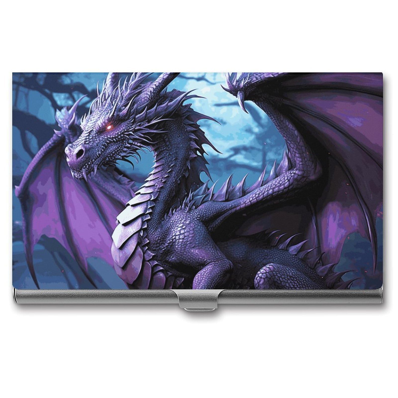 Fekiloot Unisex Silver Purple Dragon Purple Moon Card Holder Color Business Card Box Magnetic Travel Card Case Wallet Portable Business Card Carrier Suitable For Business Professionals Office
