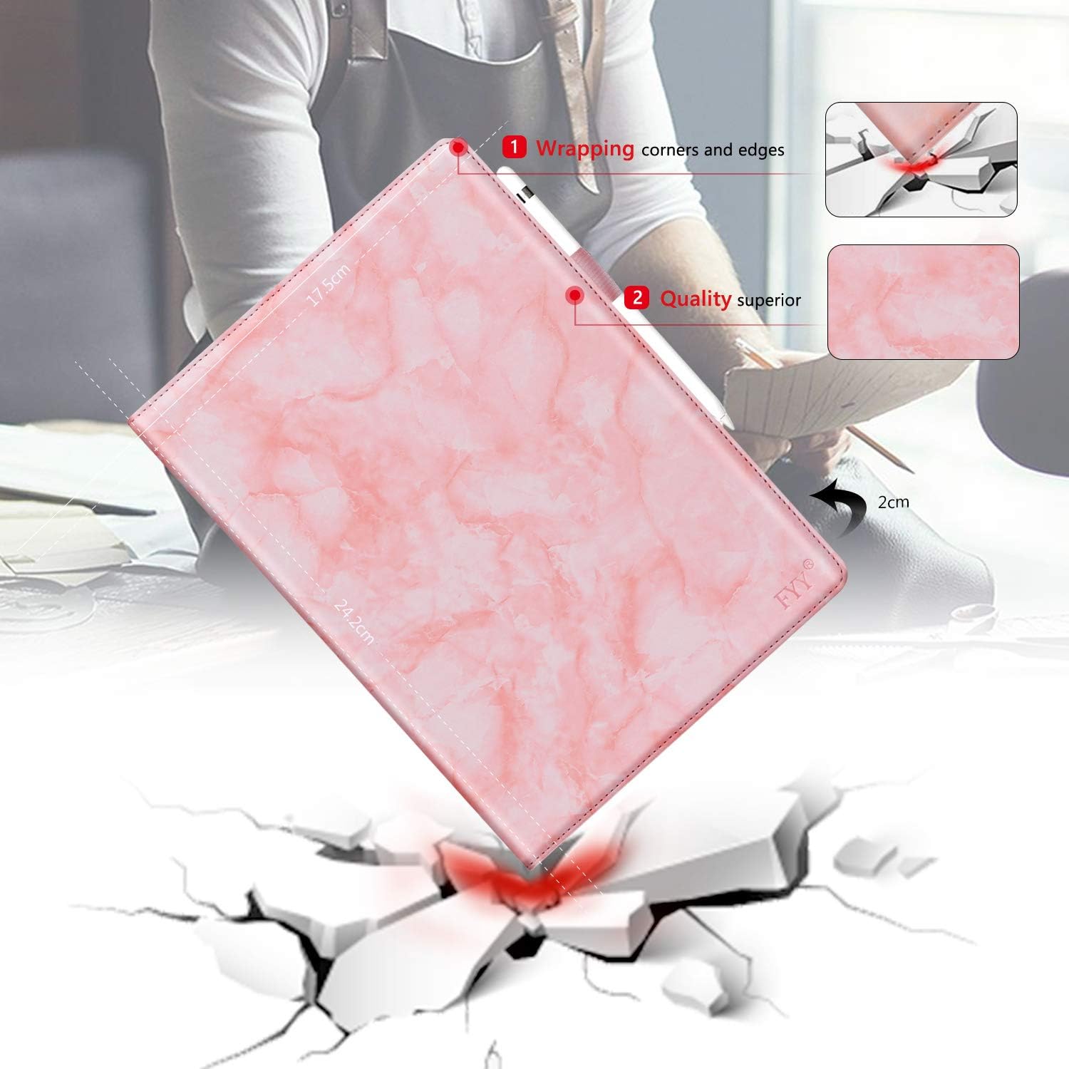 FYY Leather Case with Apple Pencil Holder for iPad Air 1/2, iPad 9.7 2017/2018 - Folio Stand Protective Case Smart Cover with Hand Strap Card Slots for Apple iPad Air 1/2 /iPad 9.7 2017/2018 Pink
