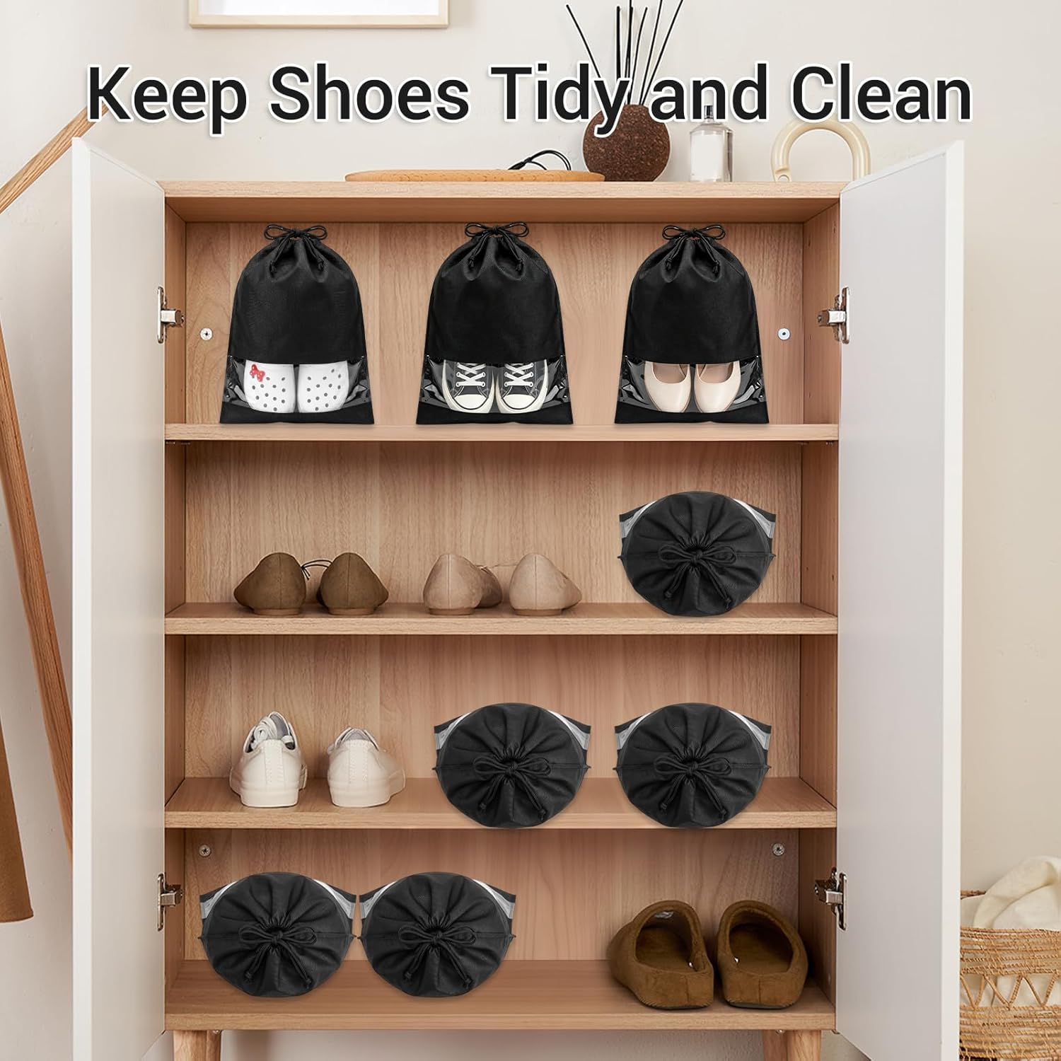 Large Shoe Bags for Packing with Clear Window, 17.3" X 12.6" Dustproof Drawstring Travel Shoe Storage Bags for Men & Women (10, Black)