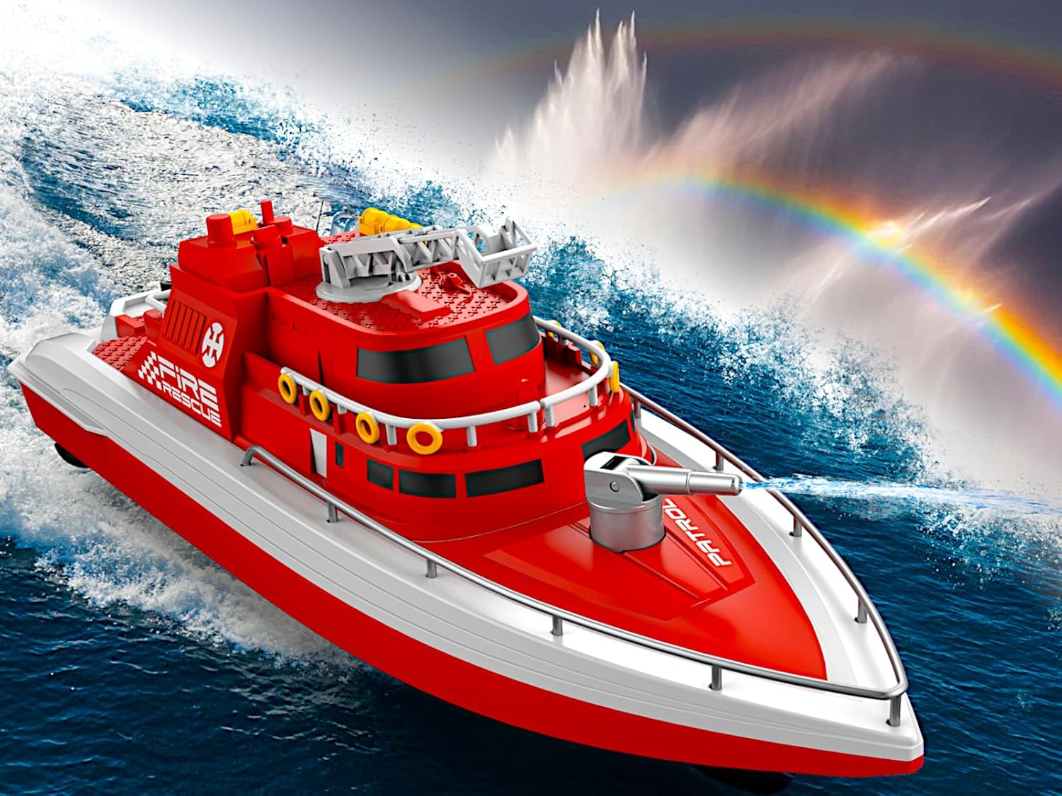 POCO DIVO Patrol Fireboat Police Rescue Vessel, Spray Water 1/28 RC Boat, 15” Coast Guard Fire Sprinkler Move Ladder Navy, 15kmph Marine Cruise Ship, Pool Lake Pond Sailing Fun