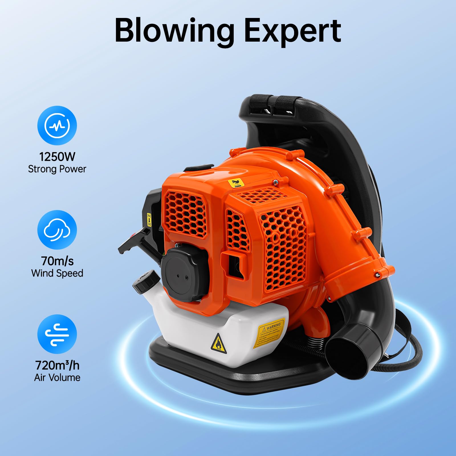 Soplador de hojas 7000 RPM a gasolina, soplador de mochila de gasolina de 2 tiempos, soplador de jardín de 1.25KW, soplador de hojas para limpieza de césped de jardín, volumen de aire de 720