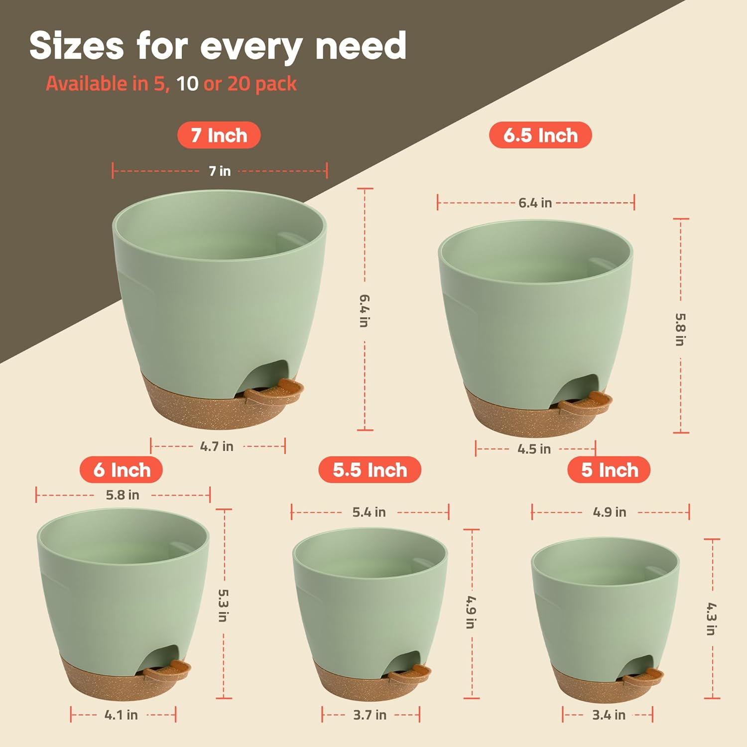 Green Self Watering Pots 10 Pack, Indoor and Outdoor Plant Pots with Wick Rope & Drainage Holes, Easy Watering Lip, Lightweight Plastic Self Watering Planter for Succulents, Houseplants, and Herbs
