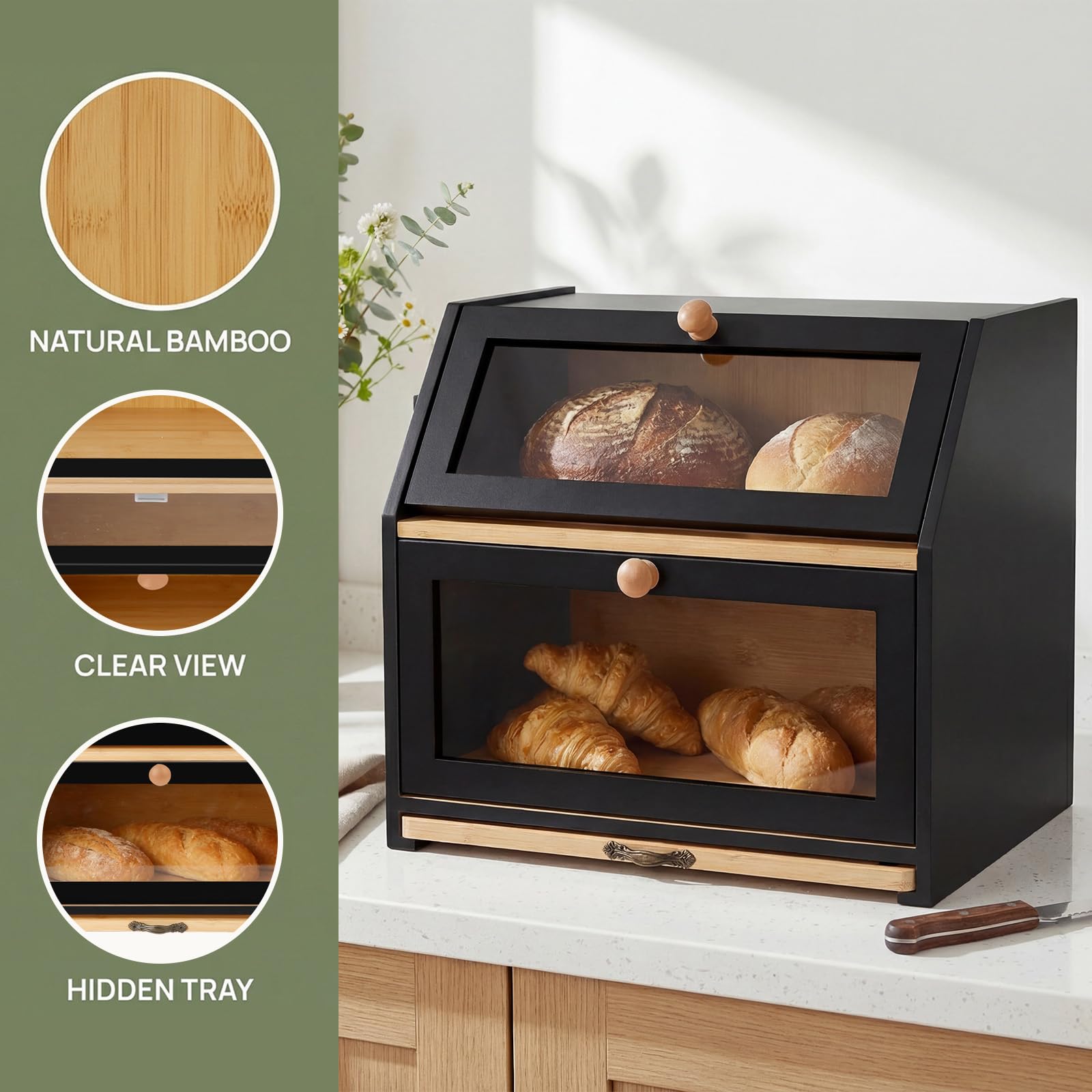 OHMG Boîte à Pain Bambou 2- Couche Countertop Boîte à Pain en Bois de Bambou pour Cuisine, Huche à pain,Nature,pour le stockage du pain,26 * 39 * 32.5cm