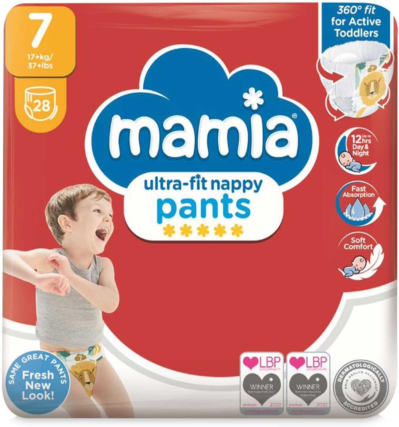 Mamia Ultra-Fit Nappy Pants, Size 7 XXL, 28 Pack, 17+kg/37+lbs, 360° Fit for Active Toddlers, 12 Hours Protection, Fast Absorption